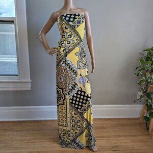 Vintage Y2K Cache Yellow Mixed Print Maxi Dress Chain Belt Strapless Size Large